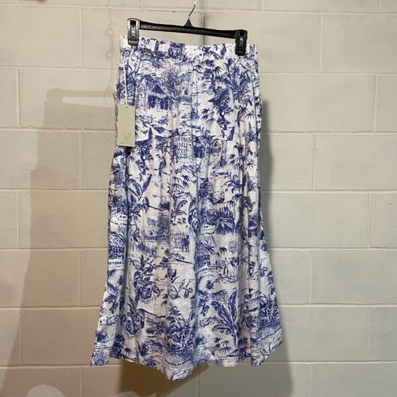Joie Women Midi Skirt Blue White Floral 100% Linen Elastic Back Pull on Tropical - Picture 5 of 6